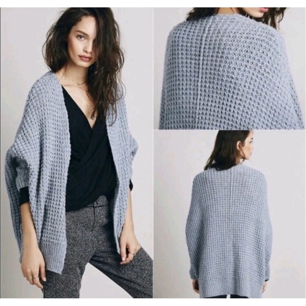 Free People Cocoon Cardigan Sweater Blue Waffle Knit Wool Angora Blend Small